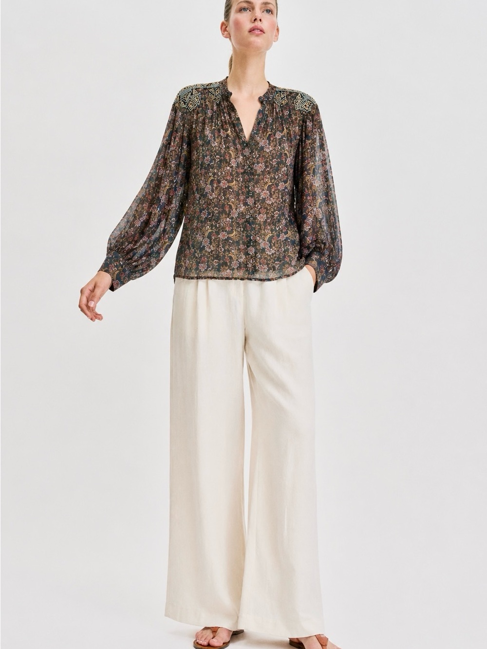 Sheer Floral V-Neck Blouse in brown floral Multi